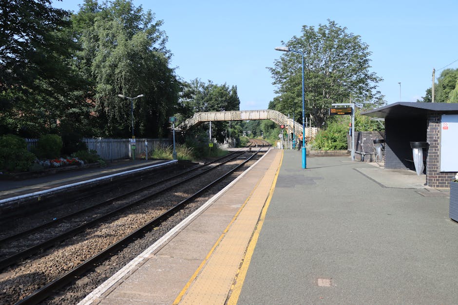 A daytime view of Warwick Avenue station platform showcasing clean, trimmed grass and well-maintained garden beds with colorful flowers on the left side, contrasting with the smooth concrete surface and yellow safety line along the edge. The platform features a blue lamppost near a sheltered waiting area with a black brick structure and a silver trash bin. In the background, railway tracks run parallel, with a footbridge arching over the tracks and tall trees providing a green backdrop. The environment appears tidy and recently maintained, reflecting professional garden and outdoor area care by Gardeners Maida Vale, specializing in garden maintenance and landscaping work.